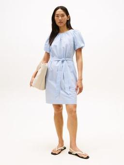 Stripe Puff-Sleeve Belted Dress