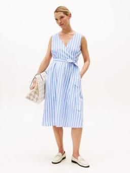 Sleeveless Stripe Wrap Midi Shirtdress