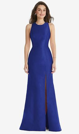 Jewel Neck Bowed Open-Back Trumpet Dress with Front Slit