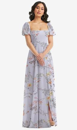Puff Sleeve Chiffon Maxi Dress with Front Slit