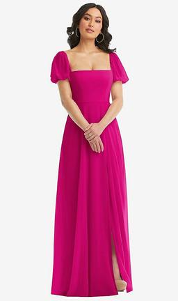 Puff Sleeve Chiffon Maxi Dress with Front Slit