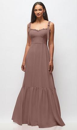 Tie-Shoulder Bustier Bodice Ruffle-Hem Maxi Dress