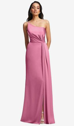 One-Shoulder Draped Skirt Satin Trumpet Gown