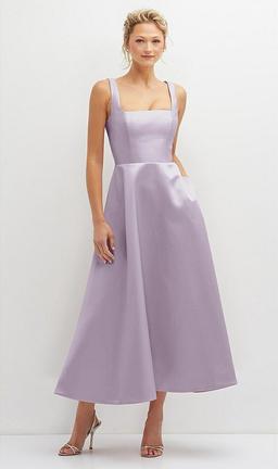 Square Neck Satin Midi Dress with Full Skirt & Pockets