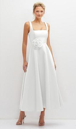 Square Neck Satin Midi Dress with Full Skirt & Flower Sash