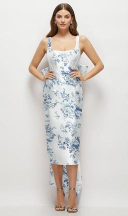 Floral Scoop Neck Corset Satin Midi Dress with Floor-Length Bow Tails