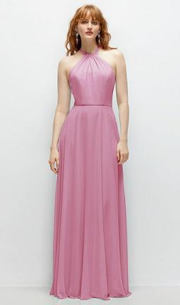 Shirred Halter Chiffon Maxi Dress with Back Sash-Tie Closure