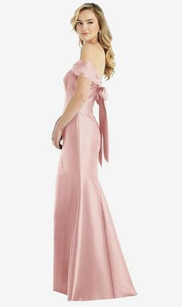 Off-the-Shoulder Bow-Back Satin Trumpet Gown