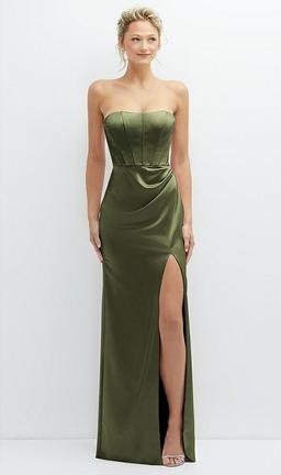 Strapless Topstitched Corset Satin Maxi Dress with Draped Column Skirt