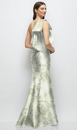Bow One-Shoulder Satin Floral Maxi Dress with Trumpet Skirt