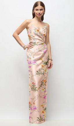 Strapless Asymmetrical Draped Satin Column Floral Maxi Dress