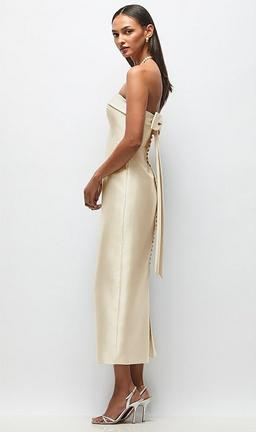 Strapless Cuff Satin Midi Dress with Column Skirt & Back Bow