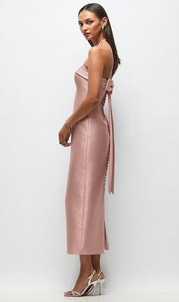 Strapless Cuff Satin Midi Dress with Column Skirt & Back Bow