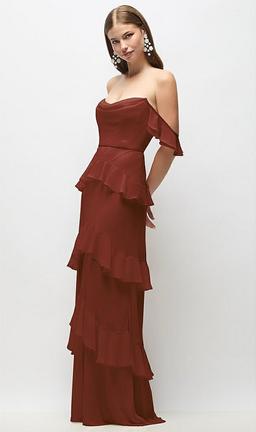 Off-the-Shoulder Cowl Chiffon Tiered Ruffle Maxi Dress with Convertible Ruffle Straps
