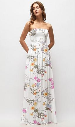 Strapless Basque Drop Waist Floral Chiffon Maxi Dress with Shirred Skirt