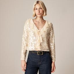 Embellished ruffle-trim sequin long-sleeve shirt