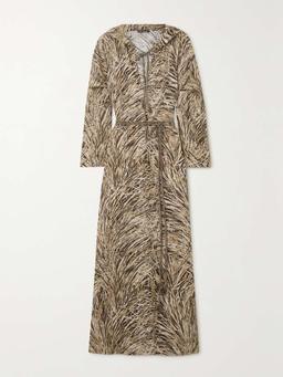 Lauraine belted printed hooded linen maxi dress