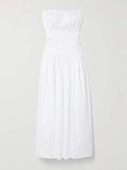 Lauryn strapless gathered cotton-blend midi dress