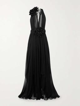Appliquéd chiffon and crepe de chine gown