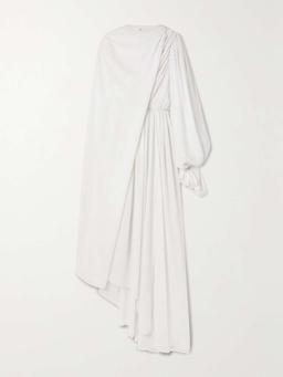 Asymmetric draped cape-effect pleated crepe dress