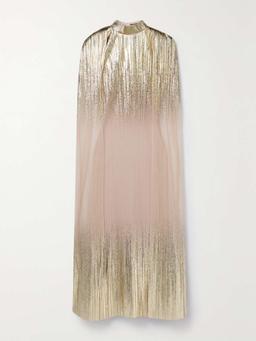 Metallic plissé-tulle gown and cape set