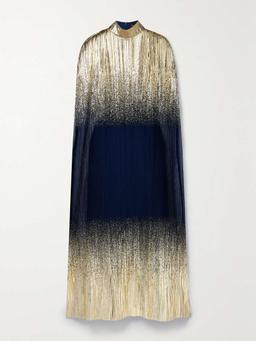 Metallic plissé-tulle gown and cape set