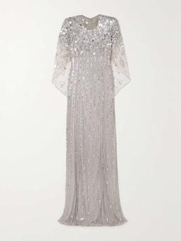 Nettie cape-effect embellished sequined tulle gown