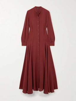 Asymmetric gathered silk-crepe maxi shirt dress
