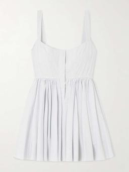 Gathered striped cotton-poplin mini dress