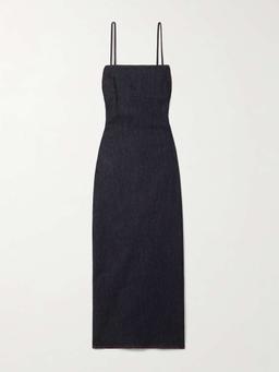 Gathered denim maxi dress