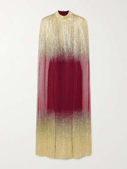 Metallic plissé-tulle gown and cape set