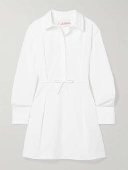Bow-detailed pleated cotton-poplin mini shirt dress
