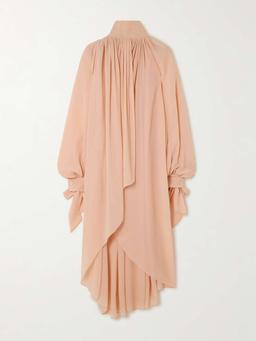 Wrap-effect asymmetric gathered silk-georgette turtleneck midi dress