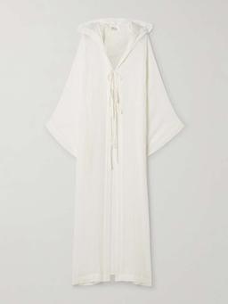 Hooded linen-blend gauze coverup