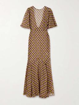 Cattail printed silk-blend chiffon gown