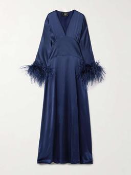 Elvira feather-trimmed silk-satin gown