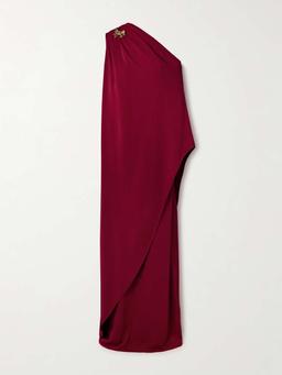 One-shoulder embellished draped cady gown