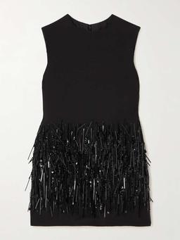 Fringed wool and silk-blend crepe mini dress