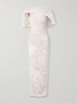 Laurel draped cotton-blend corded lace gown