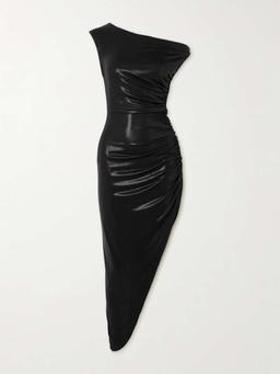 Off-the-shoulder asymmetric ruched stretch-lamé midi dress