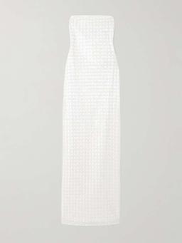 Strapless embellished recycled satin midi dress