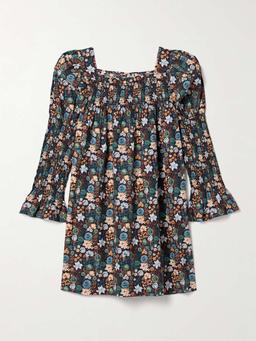 Sabia shirred floral-print organic cotton-poplin mini dress