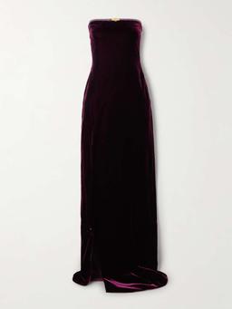 Strapless embellished leather-trimmed velvet gown