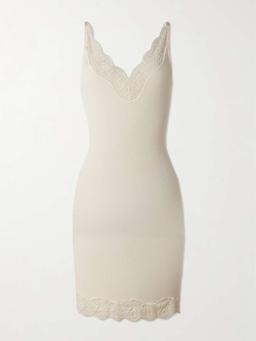 Lace-trimmed ribbed silk-jersey mini dress