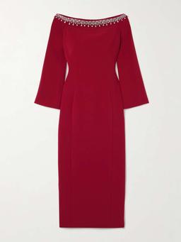 Off-the-shoulder embellished cady midi dress