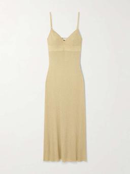 Gold metallic ribbed-knit midi dress