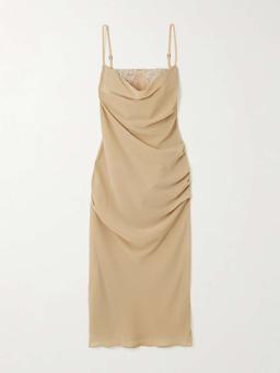 Crystal-embellished draped crepe midi bustier dress