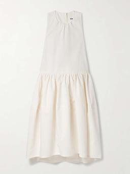 Gathered pleated cotton and silk-blend poplin midi dress