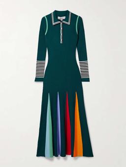 Godet striped ribbed merino wool polo maxi dress