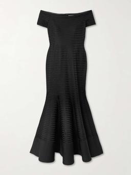 Off-the-shoulder striped metallic knitted midi dress